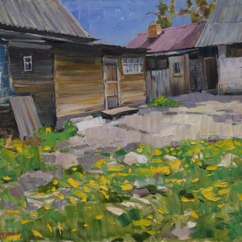 Painting titled ""Village Yard"" by Ruslan Gubaydullin, Original Artwork, Oil Mounted on Wood Stretcher frame