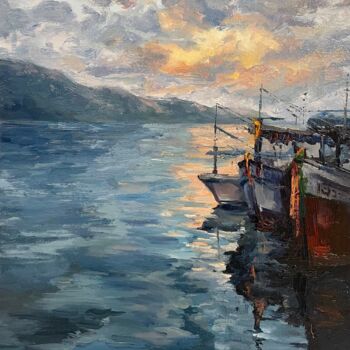 Painting titled ""Thai boats at suns…" by Ruslan Gubaydullin, Original Artwork, Oil Mounted on Wood Stretcher frame