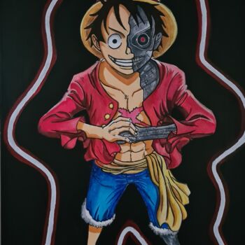 Painting titled "Luffy Vs Terminator" by Mickael Hert, Original Artwork, Acrylic Mounted on Wood Stretcher frame