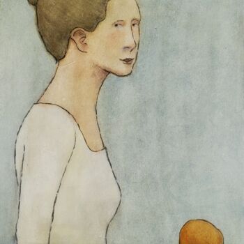Peinture intitulée "Woman with Orange" par Rick Shorten, Œuvre d'art originale, Huile Monté sur Autre panneau rigide