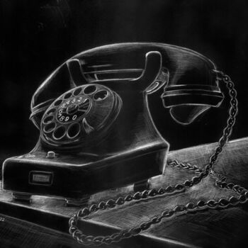 Drawing titled "Lone Black Telephone" by Elkement (Elke Stangl), Original Artwork, Pencil
