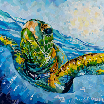 拼贴 标题为“Underwater Turtle” 由Sue Dowse, 原创艺术品, 拼贴 安装在木质担架架上