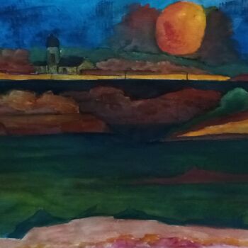 Painting titled "coucher de soleil…" by Nizard Dominique, Original Artwork, Watercolor