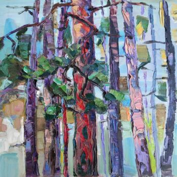 Painting titled "Trunks of pine trees" by Arus Pashikyan, Original Artwork, Oil Mounted on Wood Stretcher frame