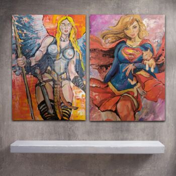 Malarstwo zatytułowany „diptych super women” autorstwa Dina Telesheva, Oryginalna praca, Akryl