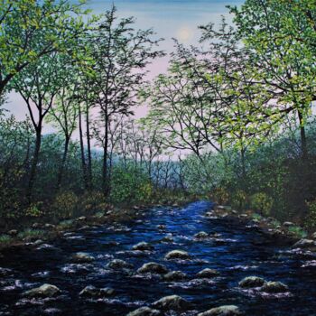 Painting titled "Ysgethin In Spring" by Hazel Thomson, Original Artwork, Oil Mounted on Wood Stretcher frame