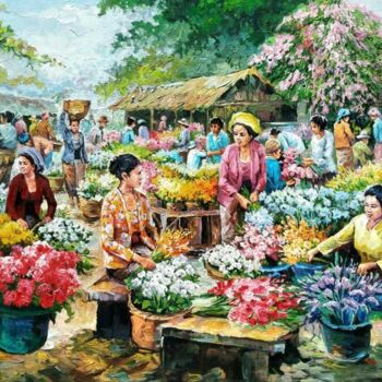 Painting titled "Flower Market" by B. Santoso, Original Artwork, Acrylic