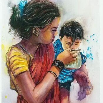 Painting titled "Mom and Baby" by Anishkumar R Anjumoorthy, Original Artwork, Watercolor