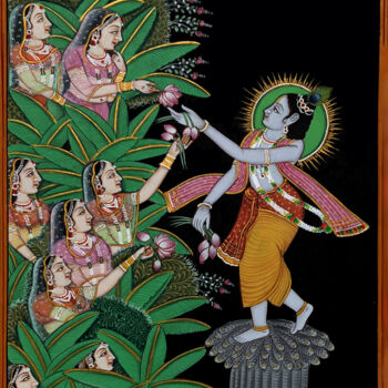 「Krishna With Gopi」というタイトルの絵画 Kailesh Jeeによって, オリジナルのアートワーク, 水彩画