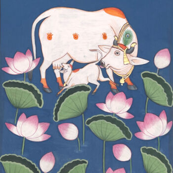 Painting titled "Lotus With Cow" by Kailesh Jee, Original Artwork, Watercolor