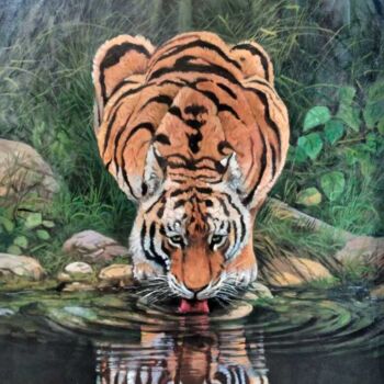 Pittura intitolato "Thirsty Tiger" da Mujiono, Opera d'arte originale, Olio