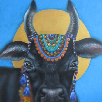 Painting titled "Saint cow" by Roza Bronnikova, Original Artwork, Acrylic