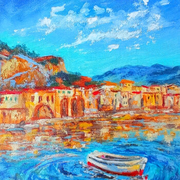 Pittura intitolato "The boat white." da Viktoriya Filipchenko, Opera d'arte originale, Olio Montato su Cartone