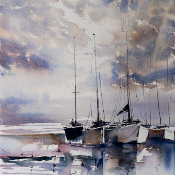 Schilderij getiteld "***SAILBOATS II***" door Yuriy Kraft, Origineel Kunstwerk, Aquarel