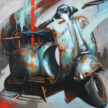 Peinture intitulée "Vespa  verte" par Sylvie Julkowski-Egard, Œuvre d'art originale, Huile Monté sur Châssis en bois