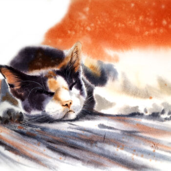 Painting titled ""Dreaming Cat" III" by Irina Vorobei, Original Artwork, Watercolor