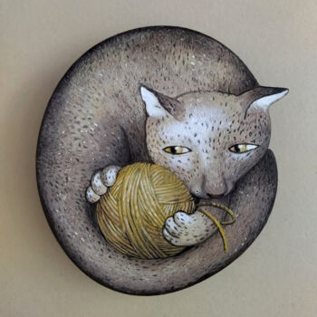 Ζωγραφική με τίτλο "Cat with a clew" από Margot Raven, Αυθεντικά έργα τέχνης, Ακρυλικό