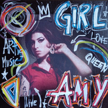 Malerei mit dem Titel "SPACO AMY Winehouse…" von Spaco, Original-Kunstwerk, Collagen Auf Keilrahmen aus Holz montiert