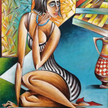 Schilderij getiteld "Woman Chillout #M104" door Thomas Lange, Origineel Kunstwerk, Olie Gemonteerd op Frame voor houten bran…