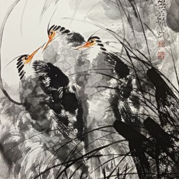 Painting titled "Three Herons 三思图 （N…" by Dayou Lu, Original Artwork, Pigments
