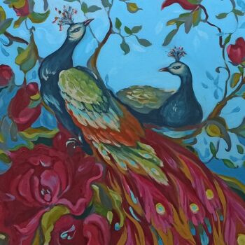 Painting titled "Peacocks Original O…" by Svetlana Sindere, Original Artwork, Oil Mounted on Wood Stretcher frame