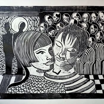 "Young Lovers" başlıklı Baskıresim Karel Liefooghe tarafından, Orijinal sanat, Linocut Ahşap panel üzerine monte edilmiş