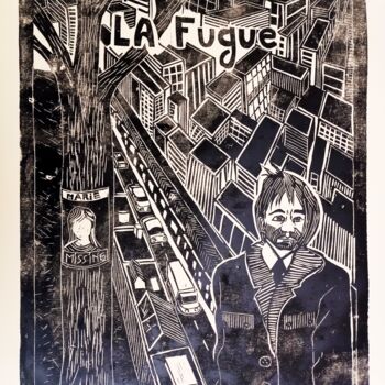 "La fugue" başlıklı Baskıresim Karel Liefooghe tarafından, Orijinal sanat, Linocut Ahşap panel üzerine monte edilmiş
