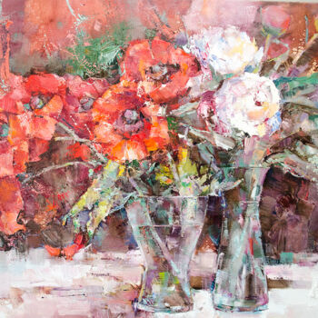 Painting titled "Мак и пионы" by Gennadi Alekhnovich, Original Artwork, Oil