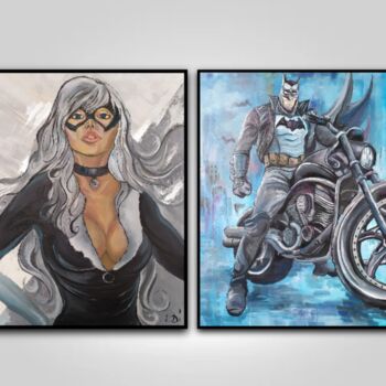 Pintura titulada "batman and catwoman" por Dina Telesheva, Obra de arte original, Acrílico Montado en Bastidor de camilla de…