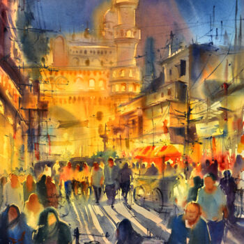 Painting titled "CHARMINAR NIGHT WAT…" by Kishore Singh, Original Artwork, Watercolor