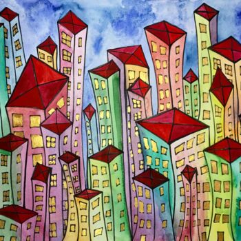 제목이 "Happy City"인 그림 Margarita Bonke로, 원작, 수채화