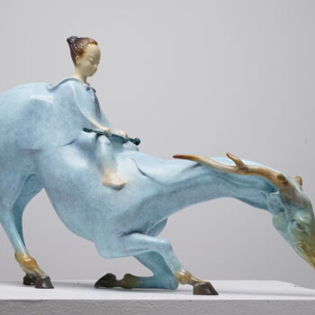 Sculpture intitulée "小河图-御龙少年（A Boy Ridi…" par Zhao Yongchang, Œuvre d'art originale, Bronze