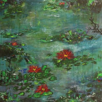 Pintura intitulada "Water Lillies in th…" por Galina Zimmatore, Obras de arte originais, Acrílico Montado em Painel de madei…