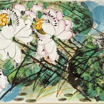 「Lotus pond and clea…」というタイトルの絵画 Dayou Luによって, オリジナルのアートワーク, 顔料
