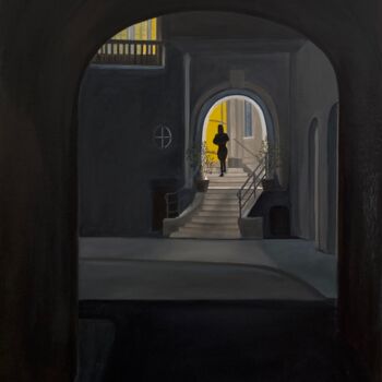Painting titled "Un soir" by Marie France Garrigues, Original Artwork, Oil Mounted on Wood Stretcher frame