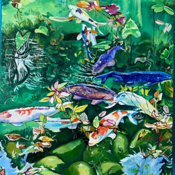 Painting titled "poisson dans la riv…" by Tahira Quliyeva, Original Artwork, Oil