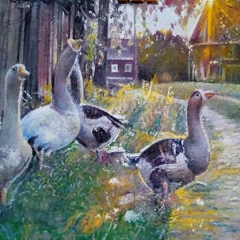 「Canards au coucher…」というタイトルの絵画 Djamel Baoualiによって, オリジナルのアートワーク, オイル