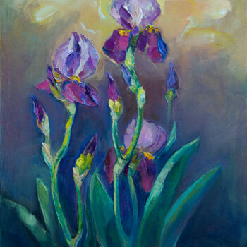 Ζωγραφική με τίτλο "Irises" από Arus Pashikyan, Αυθεντικά έργα τέχνης, Λάδι Τοποθετήθηκε στο Ξύλινο φορείο σκελετό