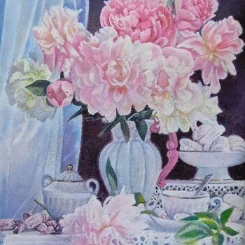 「Fleurs Pivoines」というタイトルの絵画 Djamel Baoualiによって, オリジナルのアートワーク, オイル