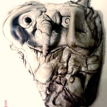Scultura intitolato "Elephant Man Homunc…" da Wilf Tilley, Opera d'arte originale, Argilla Montato su Pannello di legno