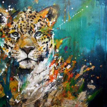 Ζωγραφική με τίτλο "Jaguar ." από Snd', Αυθεντικά έργα τέχνης, Ακρυλικό Τοποθετήθηκε στο Ξύλινο φορείο σκελετό
