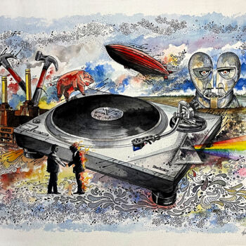Painting titled "Love turntable&Floyd" by Humberto Cesar Pornaro, Original Artwork, Watercolor