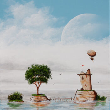 「L'île à la tour」というタイトルの絵画 Pascal Genevoisによって, オリジナルのアートワーク, アクリル ウッドストレッチャーフレームにマウント
