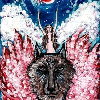Pintura titulada "Red Moon Werewolf" por Karolina Ingo (Karolina Navi -Ingo), Obra de arte original, Acrílico