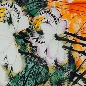Painting titled "Lotus pond and clea…" by Dayou Lu, Original Artwork, Pigments