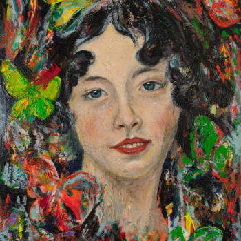 Картина под названием "Butterfly Girl" - Mk Anisko, Подлинное произведение искусства, Масло Установлен на Деревянная панель