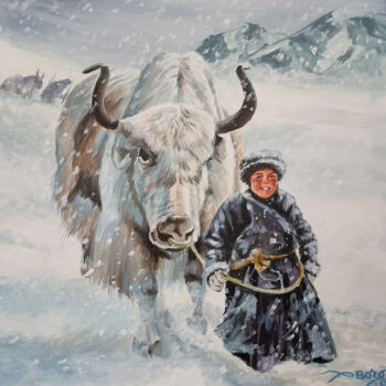 Peinture intitulée "Garçon et yack dans…" par Agnès Borg-Burglen, Œuvre d'art originale, Acrylique Monté sur Châssis en bois
