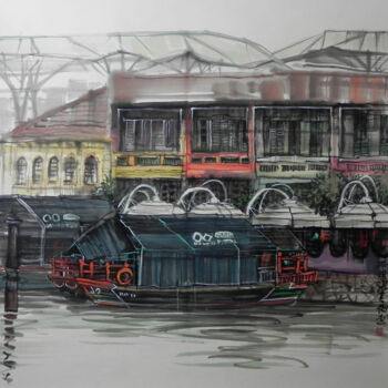 제목이 "Clarke Quay"인 그림 Chunlei Zhang로, 원작, 잉크 나무 들것 프레임에 장착됨
