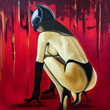 Peinture intitulée "Red girl In the mas…" par Nataliia Zablotskaya, Œuvre d'art originale, Huile Monté sur Châssis en bois