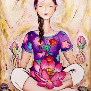 Painting titled "Méditation aux lotu…" by Mahé Ros, Original Artwork, Acrylic Mounted on Wood Stretcher frame